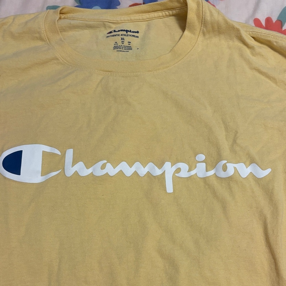 Champion Pale Yellow Tee with White Script Logo